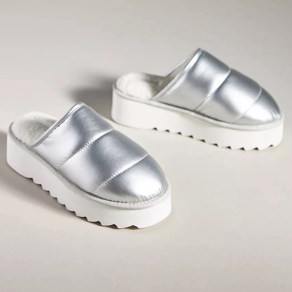 Anthropologie Maeve Puffy Slip On Mules in Silver size 10-11 NWT